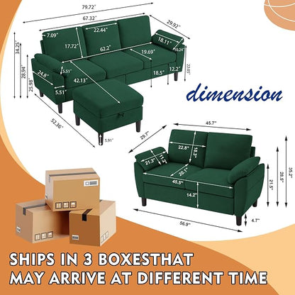 80" Convertible Sectional Sofa Set, Modern Linen Small L Shaped Couch with Reversible Chaise and Loveseat Sofa, 3-Seat Sofa Couches for Living Room, Office, Apartment, Green