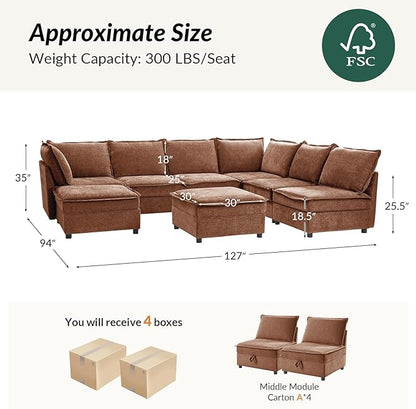 HULALA HOME Oversized Modular Sectional Sofa, 8 Seat U Shaped Couch with Storage Ottoman, Comfy Chenille Sofa with Deep Seat, Convertible Sectional Couches for Living Room, Burnt Orange