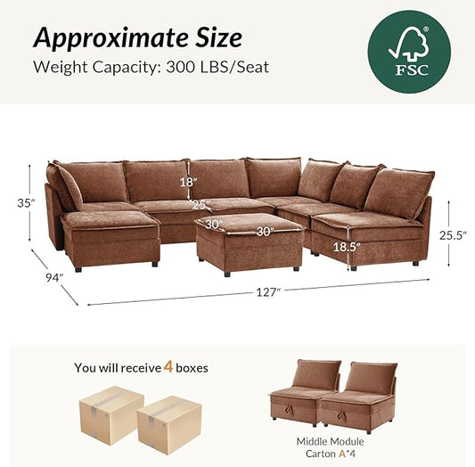 HULALA HOME Oversized Modular Sectional Sofa, 8 Seat U Shaped Couch with Storage Ottoman, Comfy Chenille Sofa with Deep Seat, Convertible Sectional Couches for Living Room, Burnt Orange