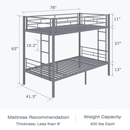VECELO Metal Bunk Bed Twin Over Twin, Industrial Bunkbeds with Ladder and Full-Length Guardrail, Noise Free, No Boxing Spring Needed, Grey
