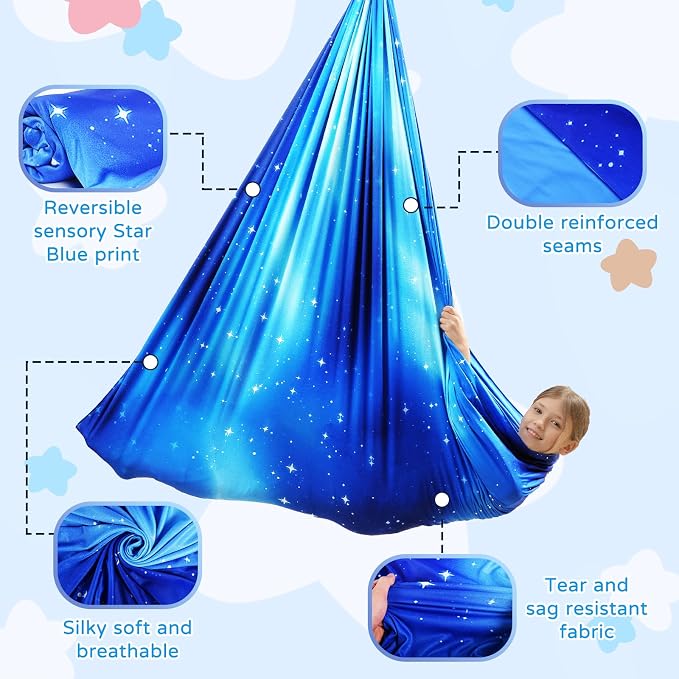 Sensory Swing for Kids Indoor & Outdoor Double Layer Therapy Cuddle Hammock Chair with 360 Swivel Hanger Kit Adjustable Swing for Child and Adult with Aspergers Autism ADHD (Star Blue)