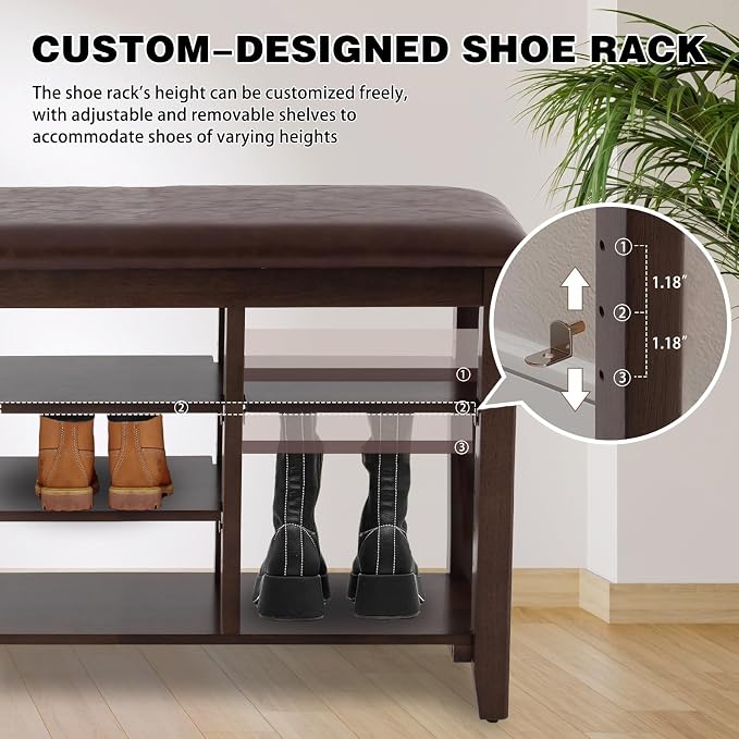 PY HOME & SPORTS Shoe Rack for Entryway 31.5": 3-Tier Shoe Storage Bench,Adjustable/Removable Shelves, Rubberwood Shoe Benches for Hallway, Porch, Bathroom, Brown