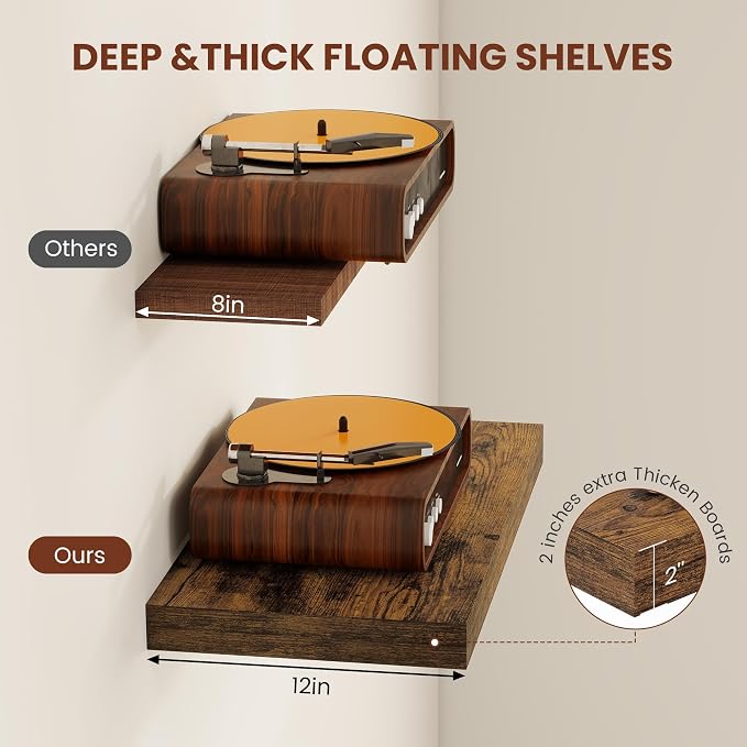 Vivelove 12" Deep Floating Shelves for Wall 16" Long, Wall Shelves for Living Room Bedroom Bathroom Kitchen Laundry Room, Farmhouse Rustic Shelves for Home Decor, 16" X 12" X 2" Set Of 2, Rustic Brown