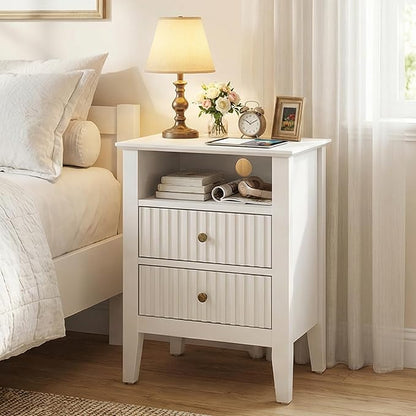 RoyalCraft White Nightstand with Charging Station, Fluted Night Stand for Bedroom, Small Sofa Table with 2 Storage Drawers Cabinet, Wood End Table for Bedroom