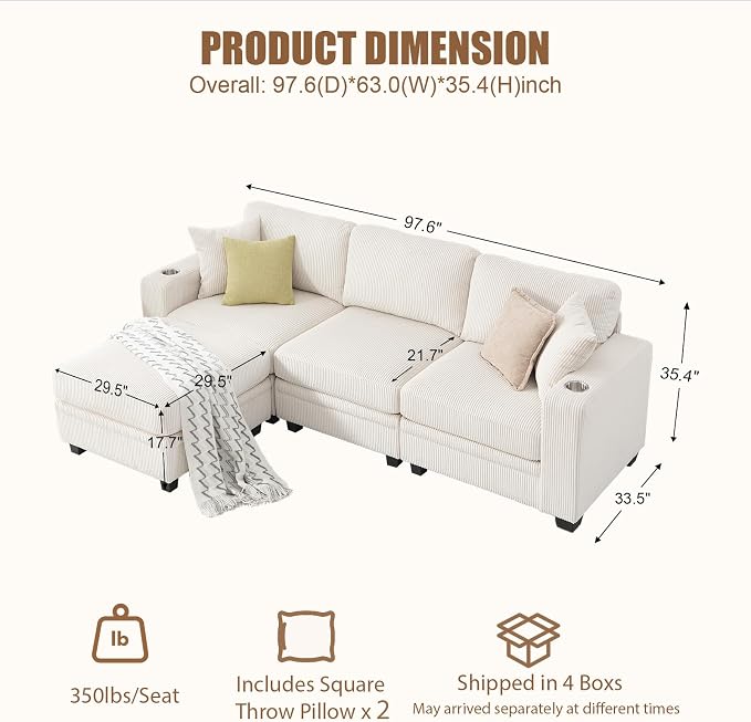97" Modular Sectional Sofa with Storage, Corduroy 4-Seater L-Shaped Sofa with Ottoman Chaise, Cloud Sectional Couches for Living Room, Apartment