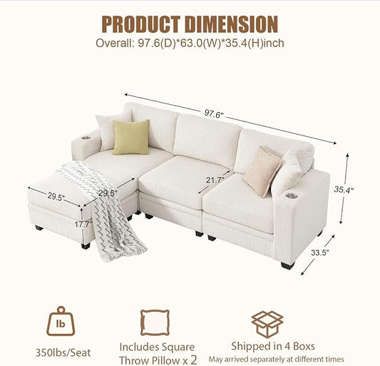 97" Modular Sectional Sofa with Storage, Corduroy 4-Seater L-Shaped Sofa with Ottoman Chaise, Cloud Sectional Couches for Living Room, Apartment