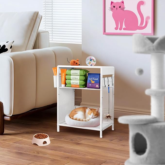 White Small Nightstand, Kids Nightstand for Bedroom, End Table with Hooks and Holder, Toddler Bedside Table for Girls, Desk Organizer for Office, Dorm (White)