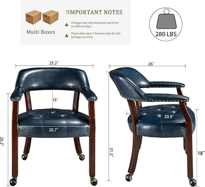 LEEMTORIG Set of 4 Dining Chairs with Casters and Arms, Large Rolling Dining Chairs with Wheels, Accent Solid Wood Boss Caption's Chairs, 26" Dx25.2 Wx31.5 H, Cherry Legs & Blue SY-1533-LB