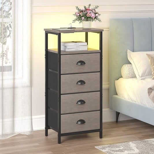 sthmec Nightstand with Charging Station,LED Grey Nightstand with 4 Fabric Drawers, Bedside End Tables, 2-Tier Open Storage Shelf Side Table Nightstand with Drawers for Bedroom,Grey