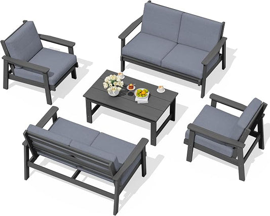 SERWALL HDPE Patio Furniture Set, 5 Piece All Weather Wood-Like Sectional Outdoor Furniture Set, Grey Patio Sofa Couch with Grey Cushions for Deck, Lawn
