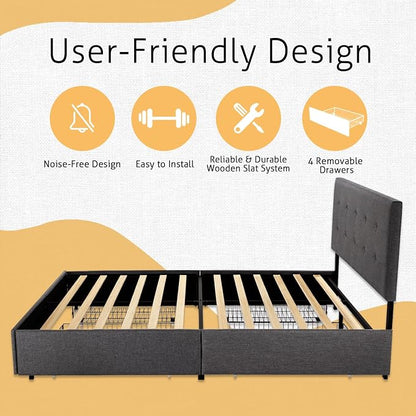 SHA CERLIN Upholstered Queen Size Platform Bed Frame with 4 Storage Drawers, Adjustable Headboard with Square Stitched Button Tufted Design, Wooden Slat Support, No Box Spring Needed, Dark Grey