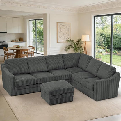 115" Corduroy Sectional Sofa with Storage Ottoman, Modern 7 Seats Corner Couch with Deep Seats, Comfy Modular U Shaped Couch with Comfortable Cushions for Living Room, Grey