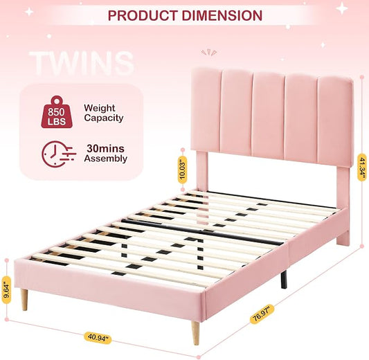 GarveeHome Twin Bed Frame, Upholstered Platform Bed with Wave Headboard for Girls/Kids, Easy Assembly, Wooden Slats Support, No Box Spring Needed, Velvet Pink
