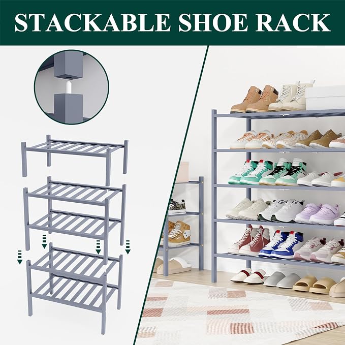 Smiry Long Bamboo Shoe Rack, 3 Tier Free Standing Wooden Shoe Organizer, Stackable Wood Shoe Storage Shelf for Closet, Entryway, 12 Vertical Slats, 2+1 Stack Standard Legs, 33.7"x11"x19.5", Grey