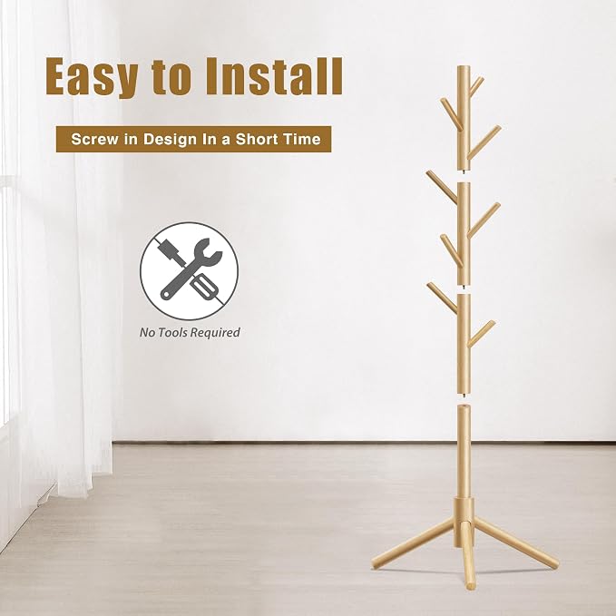 Coat Rack, Coat Racks Freestanding with 8 Hooks 3 Adjustable Heights for Clothes, Hats, Handbags, Coat Tree Easy Assembly for Entryway, Bedroom, Hallway, Office(Nature)