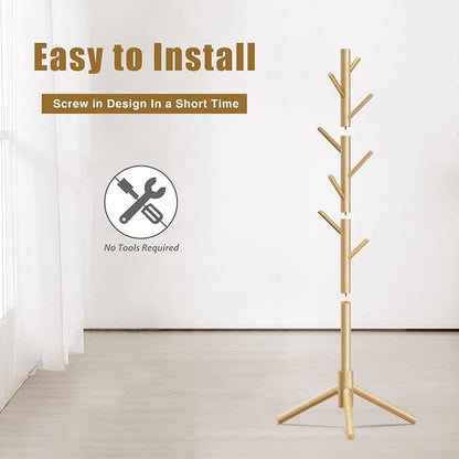 Coat Rack, Coat Racks Freestanding with 8 Hooks 3 Adjustable Heights for Clothes, Hats, Handbags, Coat Tree Easy Assembly for Entryway, Bedroom, Hallway, Office(Nature)