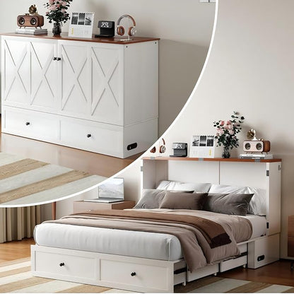 Mjkone Full Size Murphy Bed with Tri-Folding Mattress, Storage Drawers, Hidden Folding Cabinet Bed with USB Charging Station, Space Saving Wall Chest Beds for Guest Living Room Home Office, White