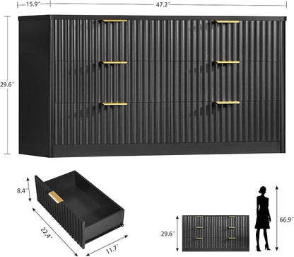 TEENFON Fluted 6 Drawer Dresser for Bedroom, Wide Modern Chest of Drawers with Metal Handle, Curved Profile Design, Wood Closet Clothes Storage Organizer for Bedroom, Living Room, Hallway, Black