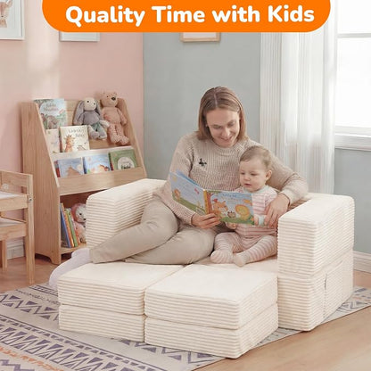 MeMoreCool Modular Kids Couch, Corduroy Play Toddler Couch for Bedroom Playroom Furniture, Convertible Foam Kids Sofa Bed, Fold Out Baby Sofa for Girl Boy, Beige