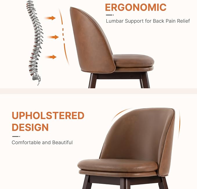KISLOT Wooden Dining Chairs Set of 4, Faux Leather Upholstered Modern Dining Room Chairs with Double-Layer Thick Seat Cushion & Ergonomic Backrest for Restaurant, Kitchen and Café, Brown, 2 Boxs