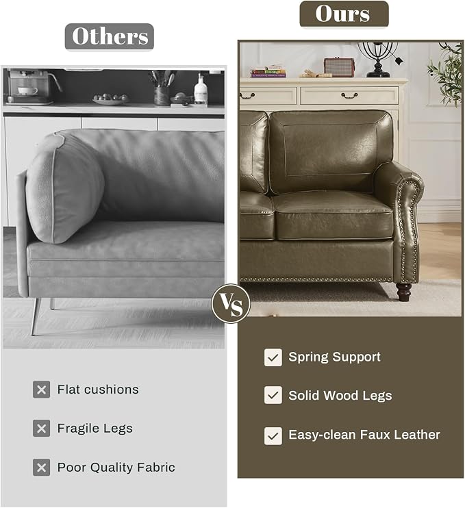 Kingfun Mid-Century Modern Couch, Faux Leather Sofa Set, 3 Seater Couch for Living Room with Rolled arms & Nailhead Trim, Olive Green