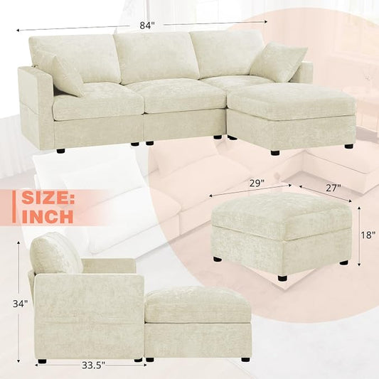 84” Chenille 3-Seats Sofa W/Movable Ottoman, Beige | Modern Fabric L-Shaped Couch w/Soft Backrests, Upholstered Sectional Sofa w/Arm Pillows for Living Room