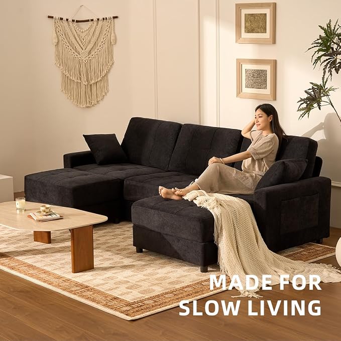 112" U Shaped Modular Cloud Sectional Couch, Waffle Fabric, Black | Modular Deep Seat Sofa, Movable Ottoman, Pocket Spring Cushions, 2-Box Delivery, Living Room Lounge Use, Not Boneless