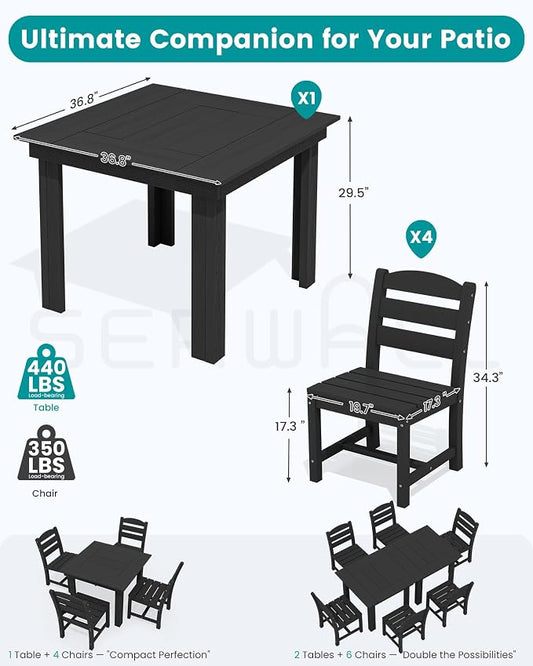 SERWALL HDPE Outdoor Square Dining Set for 4 | with Armless Chair Seat