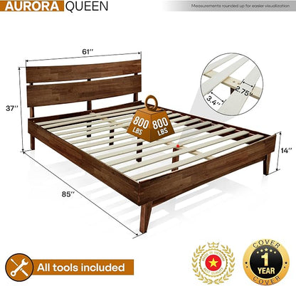 Acacia Aurora Wooden Bed with Headboard, Queen Size Bed Frame, 800lbs Capacity Wood Bed Compatible with All Mattress Types, Non-Slip & Noise-Free, Wood Slats Support, Easy Assembly, Chocolate.