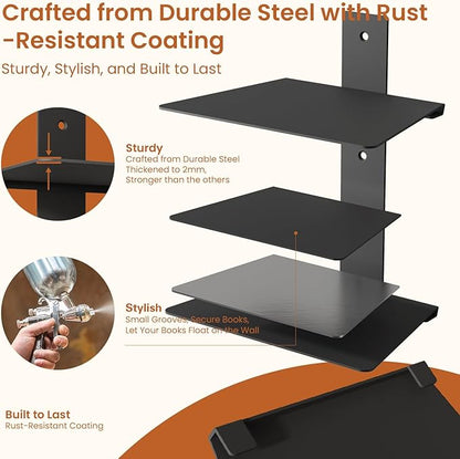 Wawocs Invisible Bookshelves for Wall, 8 Tier Floating Bookshelf Made of Heavy Duty Metal, Vertical Spine Book Tower Hanging Wall Bookshelf, Floating Book Shelves for Wall, 4 Pack Black