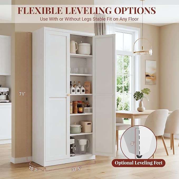 75" Metal Kitchen Pantry Cabinet with Dual Handles & Adjustable Legs, Freestanding Storage Cabinet with Doors and 5 Adjustable Shelves, Tall Food Pantry for Kitchen Dining Room, White