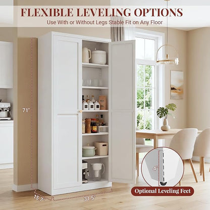 75" Metal Kitchen Pantry Cabinet with Dual Handles & Adjustable Legs, Freestanding Storage Cabinet with Doors and 5 Adjustable Shelves, Tall Food Pantry for Kitchen Dining Room, White