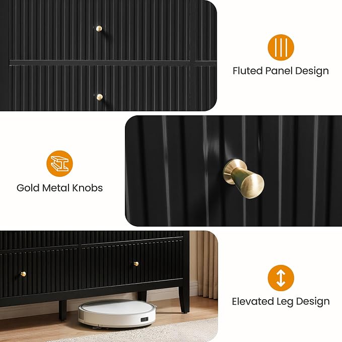 RoyalCraft Black 6 Drawer Dresser, Fluted Modern Wood Dresser, Double Chest of Drawers for Bedroom, TV Stand Storage Cabinet for Living Room
