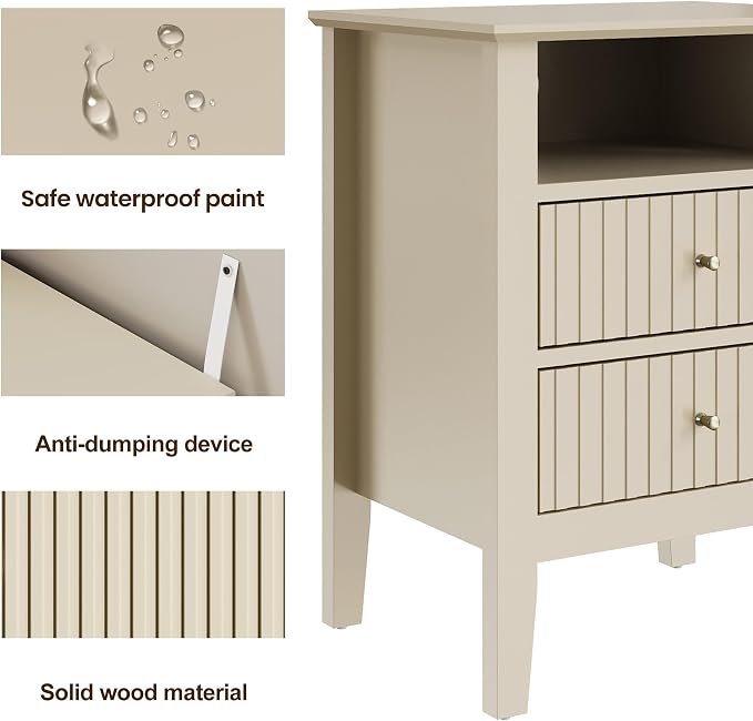 RoyalCraft Beige Fluted Nightstand Set of 2, Colorful Nightstand with 2 Drawers, Modern Wooden End Table with Storage for Small Spaces, Side Table for Bedroom, Couch, Home Office