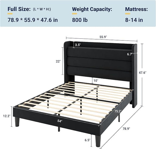 Allewie Full Size Upholstered Bed Frame with Charging Station & Storage Headboard, Soft Velvet Wingback Platform Bed, Strong Wooden Slats Support, No Box Spring Needed, Easy Assembly, Black