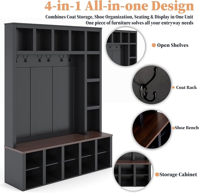 Hall Tree with Bench and Shoe Storage,Shoe and Coat Rack with Drawer and Hooks,Farmhouse Furniture for Entryway,Mudroom,Living Room,Black (Black, 59.2")