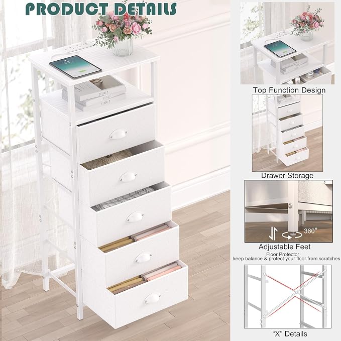 sthmec Nightstand with Charging Station,LED White Nightstands with 5 Fabric Drawers PU Finish, Bedside End Tables, 2-Tier Open Storage Shelf Side Table Nightstand with Drawers for Bedroom,White