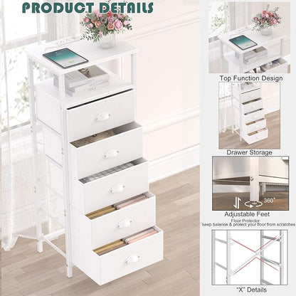 sthmec Nightstand with Charging Station,LED White Nightstands with 5 Fabric Drawers PU Finish, Bedside End Tables, 2-Tier Open Storage Shelf Side Table Nightstand with Drawers for Bedroom,White