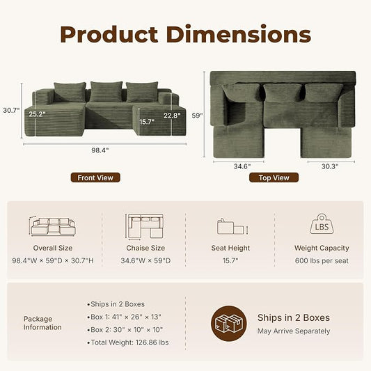 Modular Sectional U-Shaped Sofa with Deep Seat, Modern Boneless Comfy Corduroy Fluffy Couch with Side Pockets and Anti-Slip & Floor-Friendly Bottom for Living Room, No Assembly, Green