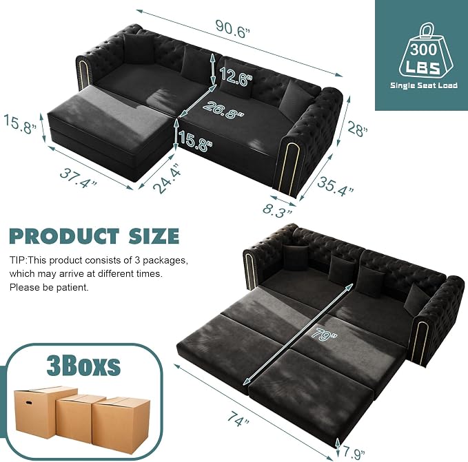 90.6'' Velvet Folding Floor Sofa Bed - 3-in-1 Convertible Sleeper Couch with Ottoman, Button Tufted Gold Edge Trim Chesterfield Sofa, Pull-Out King Size Couch Bed for Apartments, Living Room, Black | 3-in-1 Convertible