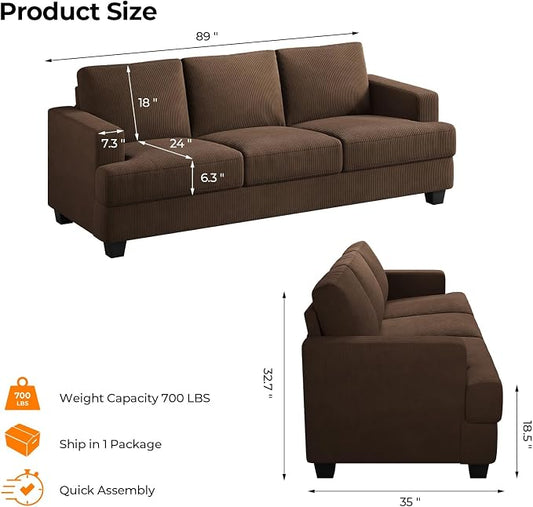 COPIAE 89 Inch Sofa with Extra Deep Seats Oversize, 3 Seater Sofa for Living Room, Modern Couch and Sofa, Comfy Armrests and Seats and Backrests, Easy Installation, Corduroy Fabric Brown