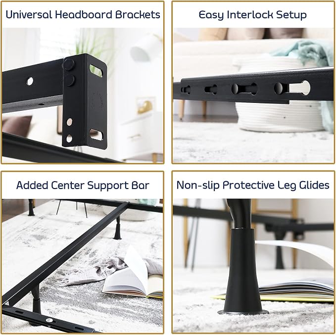 Clara Clark Adjustable Bed Rails - Metal Bed Frame with Center Support Leg - 5.25' H Low, Expands from Twin to Full, Black