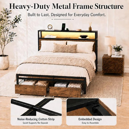 Zevemomo Queen Size Bed Frame with Storage Drawers, Bed Frame Queen Size with Headboard, LED Light, Charging Station with 3 USB Ports & 1 Type-C Port, Noiseless, Rustic Brown