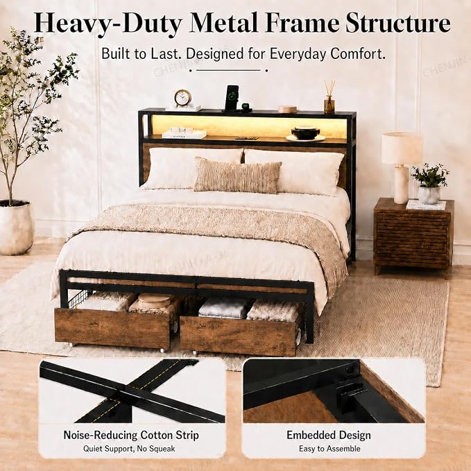 Zevemomo Full Size Bed Frame with Storage Drawers, Bed Frame Full Size with Headboard, LED Light, Charging Station with 3 USB Ports & 1 Type-C Port, Noiseless, Rustic Brown