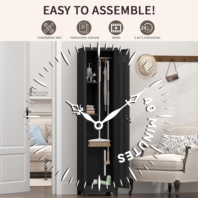 Slim Broom Closet Storage Cabinet, Black Metal Cabinets with Lock and & S-Hooks, Cleaning Supply Cabinet, Utility Closet Cabinets for Garage, Office, Laundry Room