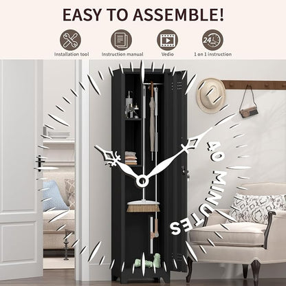 Slim Broom Closet Storage Cabinet, Black Metal Cabinets with Lock and & S-Hooks, Cleaning Supply Cabinet, Utility Closet Cabinets for Garage, Office, Laundry Room