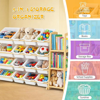 Kids Toy Storage Organizer with Bookshelf – Wooden Shelf with 16 Bins & 3 Shelves, Quick Assembly Storage Rack for Playroom, Bedroom, Nursery - White