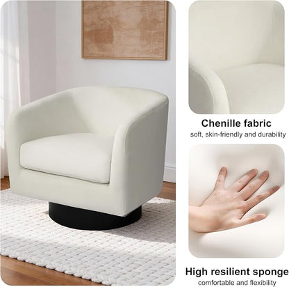 Swivel Barrel Accent Chair, Modern Round Chenille Fabric Arm Chair for Living Room, Bedroom, Comfy Club Reading Chairs for Adults（Velvet Ivory, Set of 4