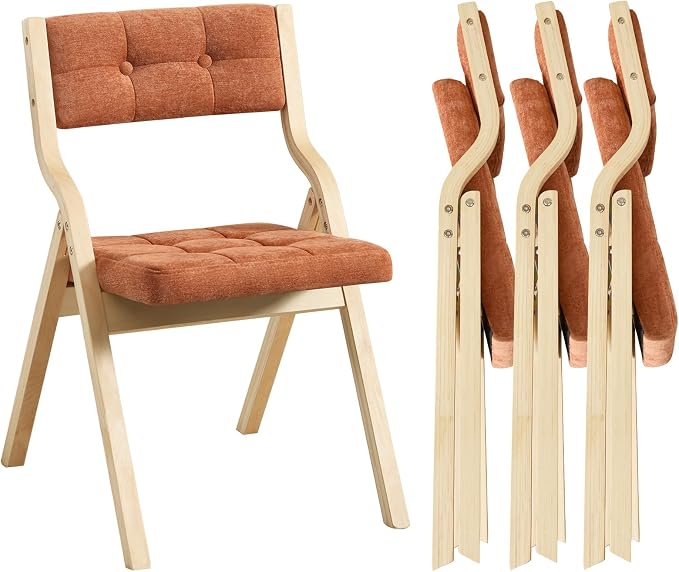 4-Pack Folding Dining Chairs with Cushion,Padded Foldable Dining Chairs,Portable Wooden Folding Chairs with Tufted Buttons Seat for Dining Rooms Kitchen Wedding and Party Indoor Orange