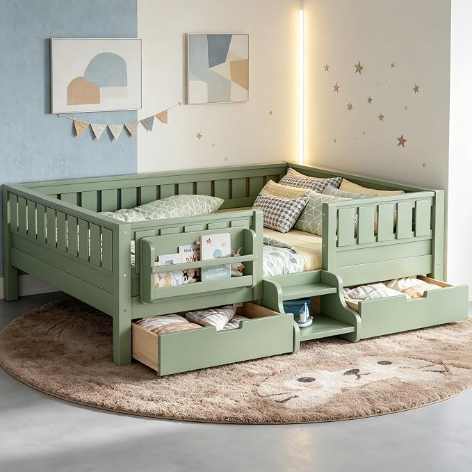 Bellemave Full Size Bed Frame with Storage Drawers & Bookshelf, Low Profile Kids Bed with Staircase & Full Length Guardrails, Solid Wood Full Size Bed Frame Kids with Slats Load 550 LBS, Green
